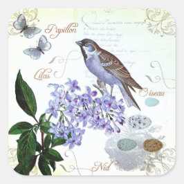Charming Vintage Fransk Bird Text Blommigt Collage Fyrkantigt Klistermärke