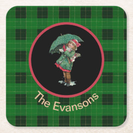 Charming Vintage Girl with Parbrella on Grönt Underlägg Papper Kvadrat