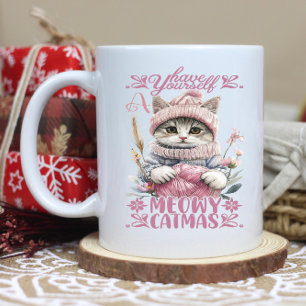 Charming vinterkattstickning i mjuka pastelliserad kaffemugg