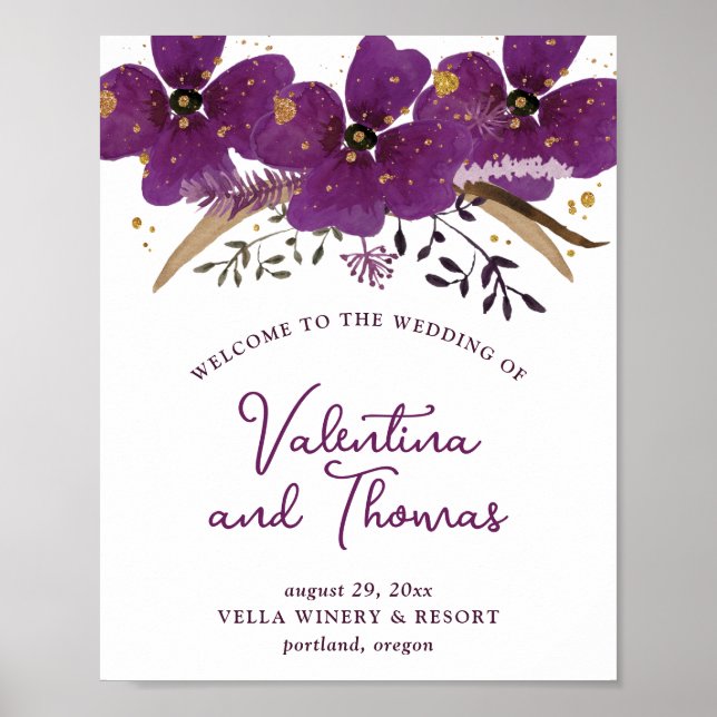 Charming Violet Watercolor Flowers Bröllop Poster (Framsidan)