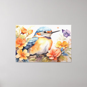 Charming Watercolor Bird Blommigt Bird älskare Canvastryck