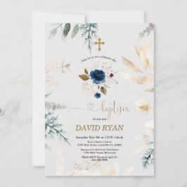 Charming Watercolor Blue Blommigt Guld Baptism Inbjudningar