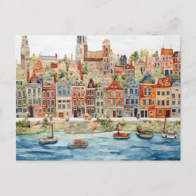 Charming Watercolor Cityscape of Belgium Vykort (Framsida)