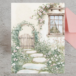 Charming Watercolor Cottage Garden Helg Vykort