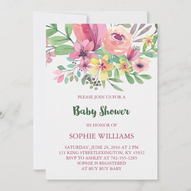 Charming Watercolor Flowers Baby Shower Inbjudningar (Framsida)
