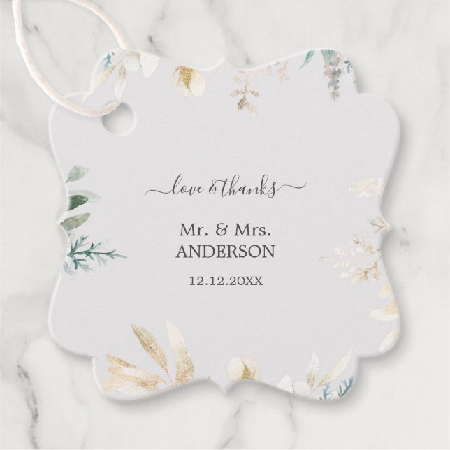 Charming Watercolor Greenery Guld Bröllop Gåvor Etiketter (Framsida)