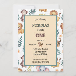 Charming Watercolor Jungle Safari Animals Birthday Inbjudningar