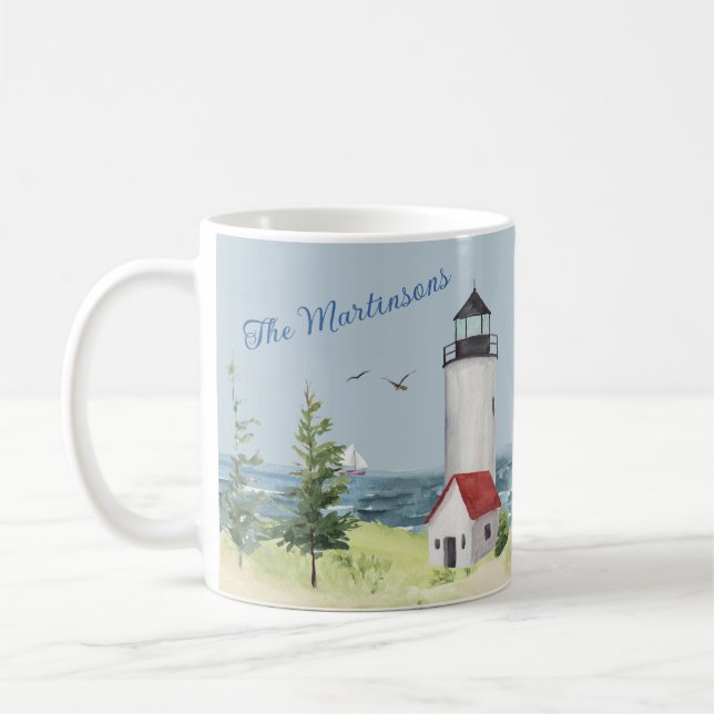 Charming Watercolor Lighthouse Scene Namn Kaffemugg (Vänster)