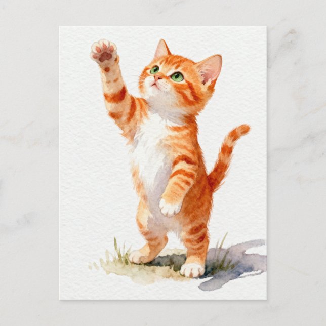 Charming Watercolor Orange Tabby Kitten Reaching Vykort (Framsida)
