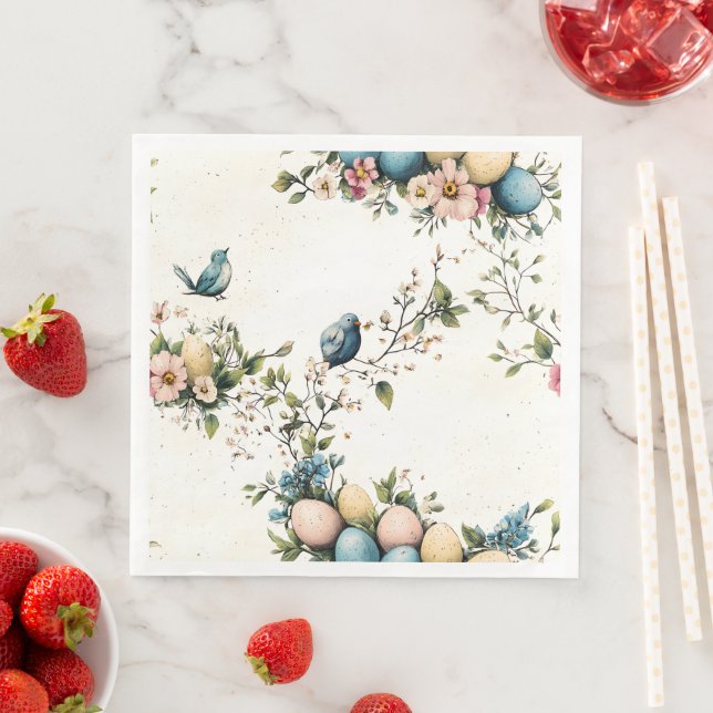 Charming Watercolor Påsk Birds & Blommigt Vår Pappersservett (Insitu)
