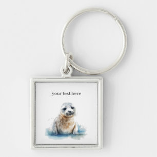 Charming Watercolor Seal Valp, anpassningsbar Fyrkantig Silverfärgad Nyckelring