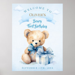 Charming Watercolor Teddy Bear Beary First Birthda Poster