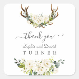 Charming Watercolor White Flowers Antlers Bröllop Fyrkantigt Klistermärke