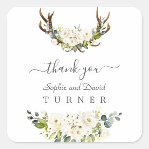 Charming Watercolor White Flowers Antlers Bröllop Fyrkantigt Klistermärke