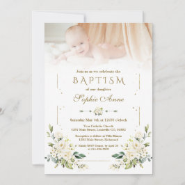 Charming Watercolor White Flowers Photo Baptism Inbjudningar