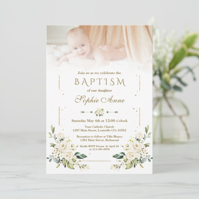 Charming Watercolor White Flowers Photo Baptism Inbjudningar (Stående Fram)