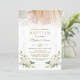 Charming Watercolor White Flowers Photo Baptism Inbjudningar