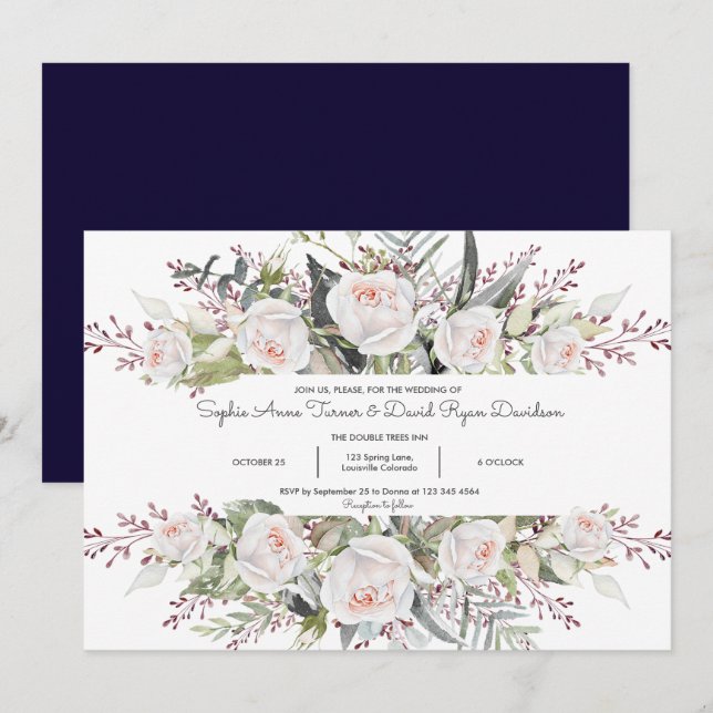 Charming Watercolor White Flowers Ram Bröllop Inbjudningar (Fram/baksida)