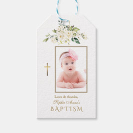 Charming White Blommigt Guld Girl Photo Baptism Presentetikett