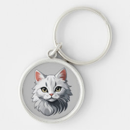 Charming White Cat Rund Silverfärgad Nyckelring