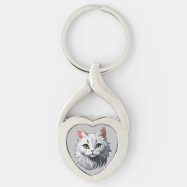 Charming White Cat Twisted Heart Silverfärgad Nyckelring