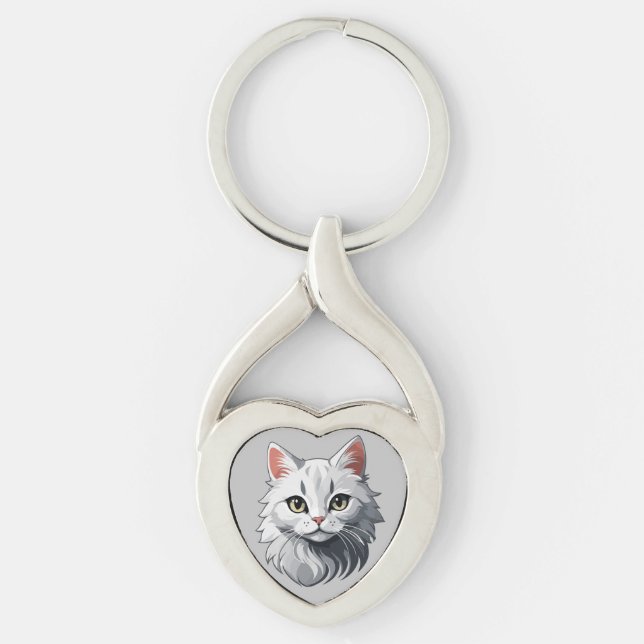 Charming White Cat Twisted Heart Silverfärgad Nyckelring (Framsidan)
