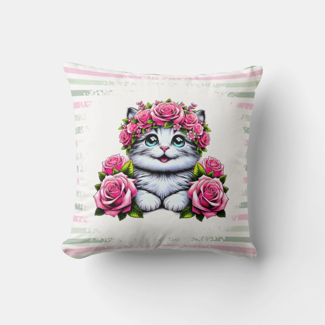 Charming White Cat with Floral Crown  Kudde (Framsida)