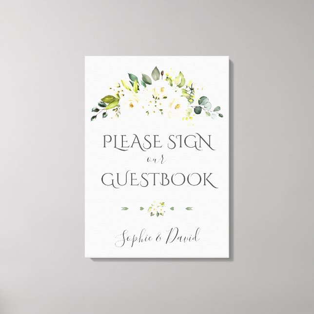 Charming White Cream Blommigt Guestbook-tecken Canvastryck (Framsida)