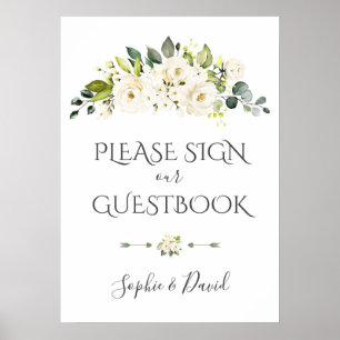 Charming White Cream Blommigt Guestbook-tecken Poster
