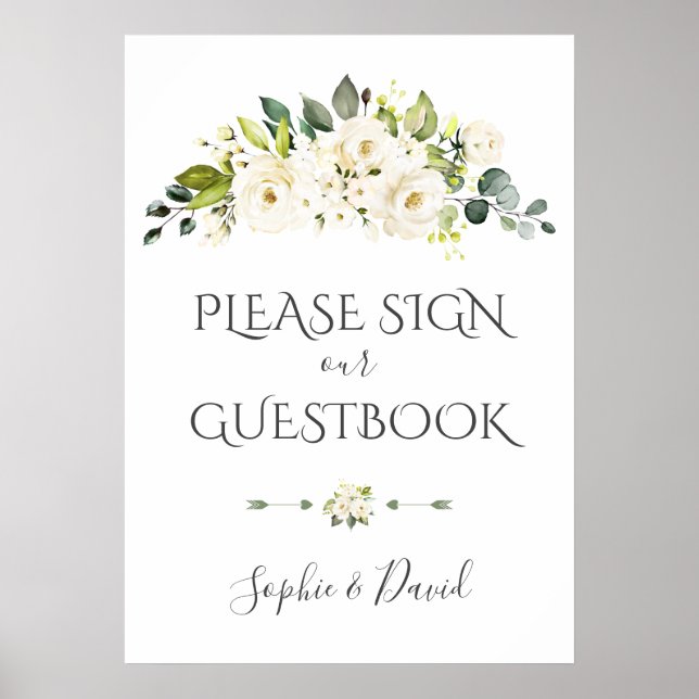 Charming White Cream Blommigt Guestbook-tecken Poster (Framsidan)