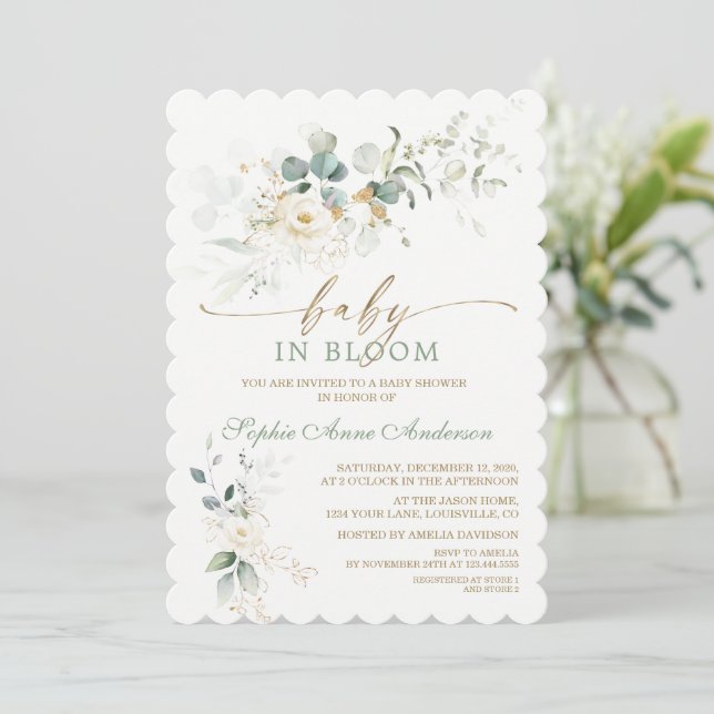 Charming White Floral Airy Leaves Baby in Bloom Inbjudningar (Stående Fram)