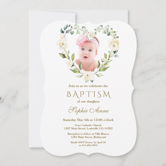Charming White Flowers Blommigt Girl Photo Baptism Inbjudningar (Framsida)