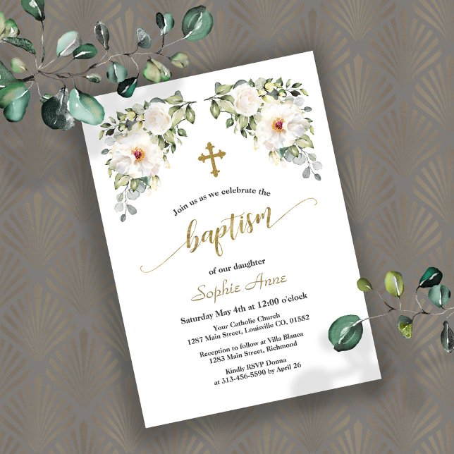Charming White Flowers Guld Baptism Calligraphy Inbjudningar (Skapare uppladdad)