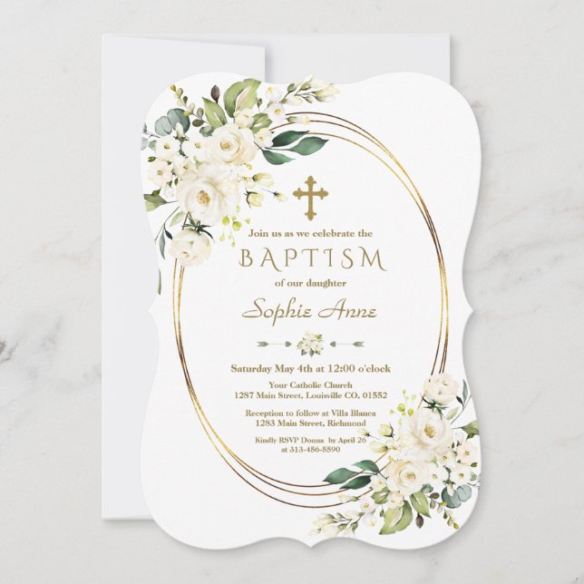 Charming White Flowers Guld Kor Ram Baptism Inbjudningar (Framsida)