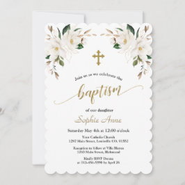 Charming White Magnolia Guld Baptism Calligraphy Inbjudningar