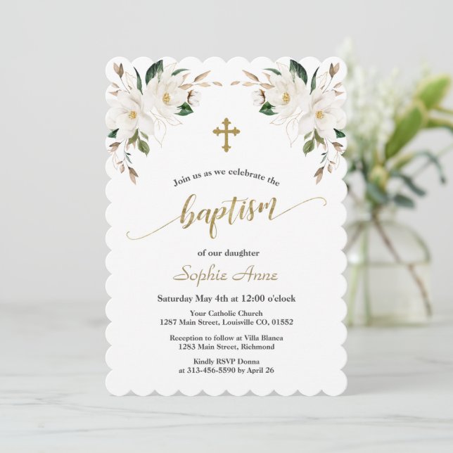 Charming White Magnolia Guld Baptism Calligraphy Inbjudningar (Stående Fram)