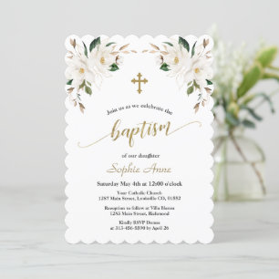 Charming White Magnolia Guld Baptism Calligraphy Inbjudningar