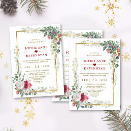 Charming White Red Blommigt Guld jul Bröllop Inbjudningar