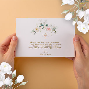 Charming White Rosa Blommigt Guld Kor Baptism Tack Kort