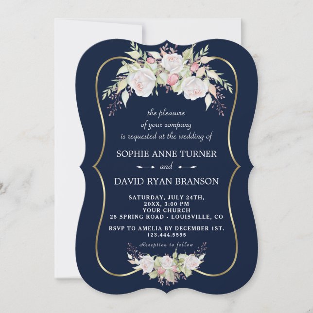 Charming White Rosa ros Navy Blue Guld Bröllop Inbjudningar (Framsida)