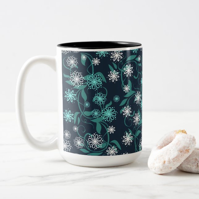 Charming White & Teal Blommigt Två-Tonad Mugg (Med munk)