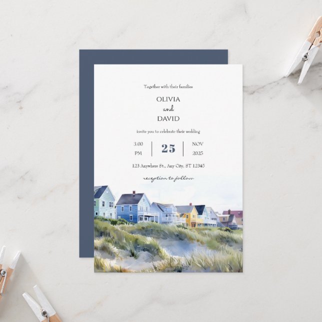 Charming Whitewash Coastal Houses Beach Wedding Inbjudningar (Fram/Back In Situ)
