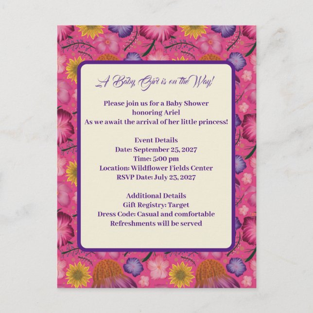Charming Wildbloms Rosa Baby Shower-inbjudningar Meddelande Vykort (Framsida)