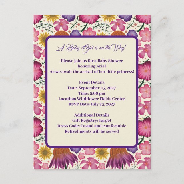 Charming Wildbloms Rosa Baby Shower Vykort (Framsida)