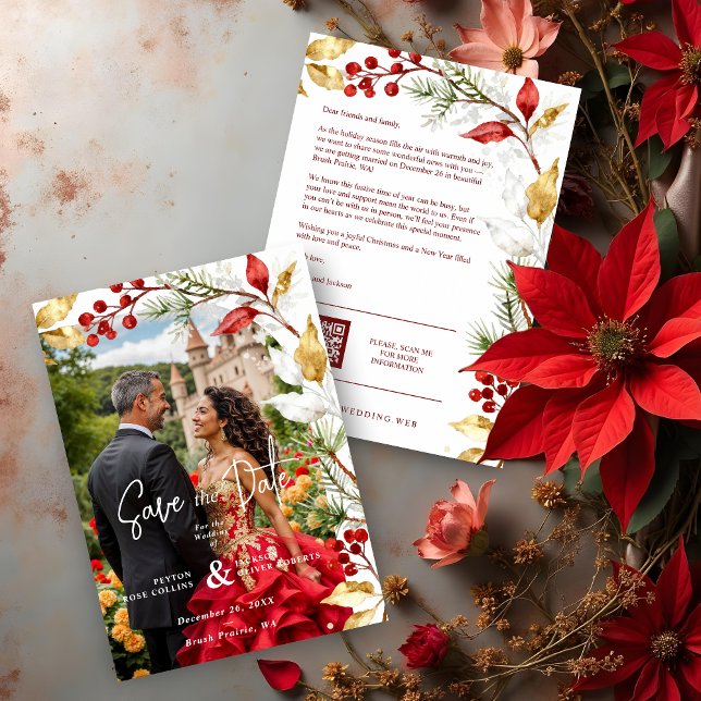 Charming Winter Christmas Botanical Frame Wedding Spara Datumet (Charming Winter Christmas Botanical Frame Wedding Save the Dates Cards with Photo & Modern QR Code.)