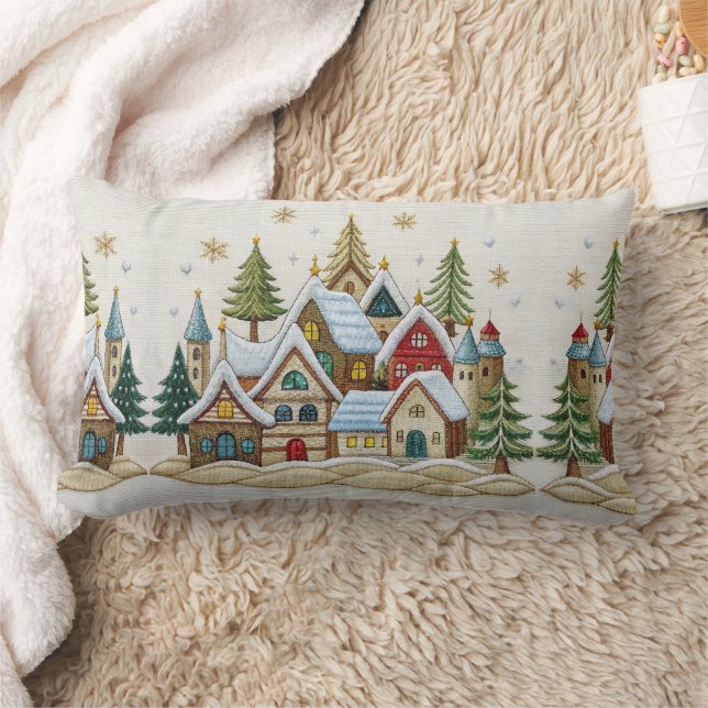Charming Winter Village Embroidery Dekorativ kudde (Filt)