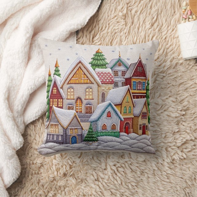 Charming Winter Village Embroidery Dekorativ kudde (Filt)