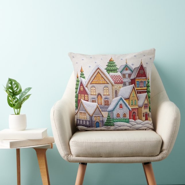 Charming Winter Village Embroidery Dekorativ kudde (Stol)