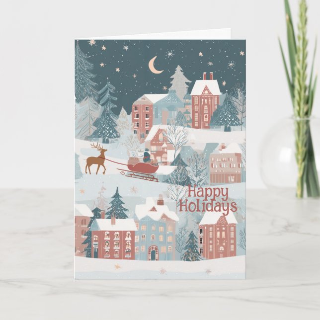 Charming Winter Village Scene i vattenfärger Helgkort (Framsida)