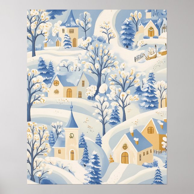 Charming Winter Village Scene in Snowy Landscape Poster (Framsidan)